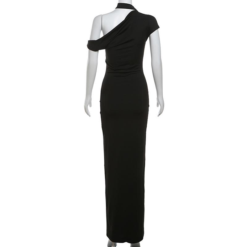 Short sleeve halter one shoulder irregular maxi dress