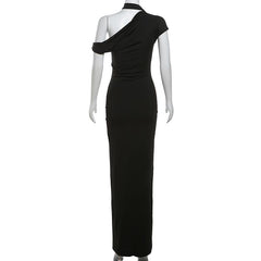 Short sleeve halter one shoulder irregular maxi dress
