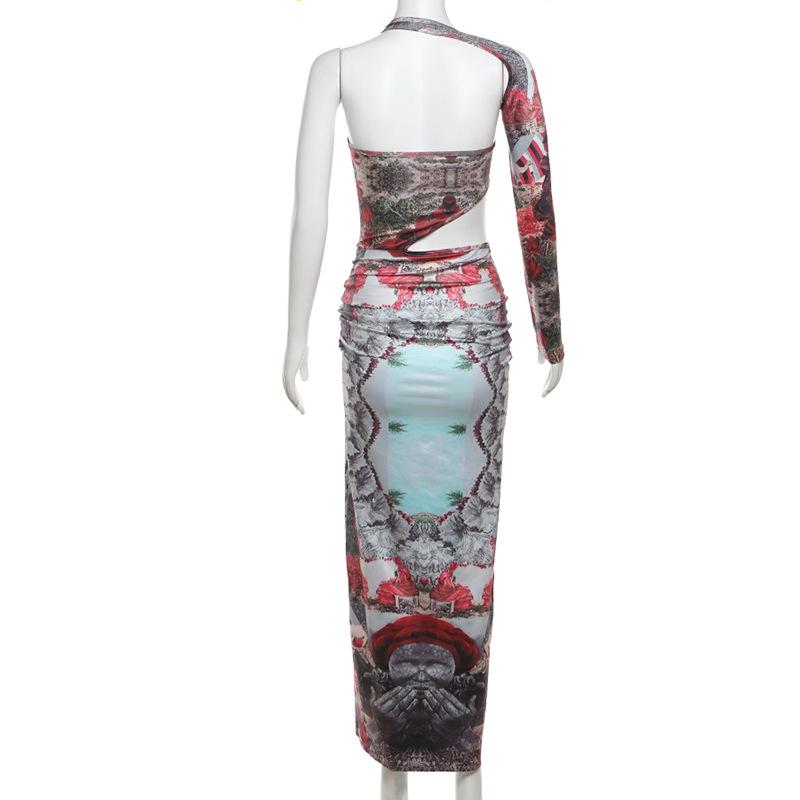 Irregular print contrast drawstring ruched high slit hollow out maxi dress  | red tango dress