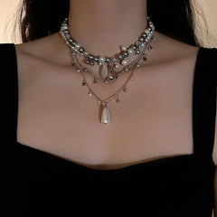 Layered faux pearl pendant choker necklace