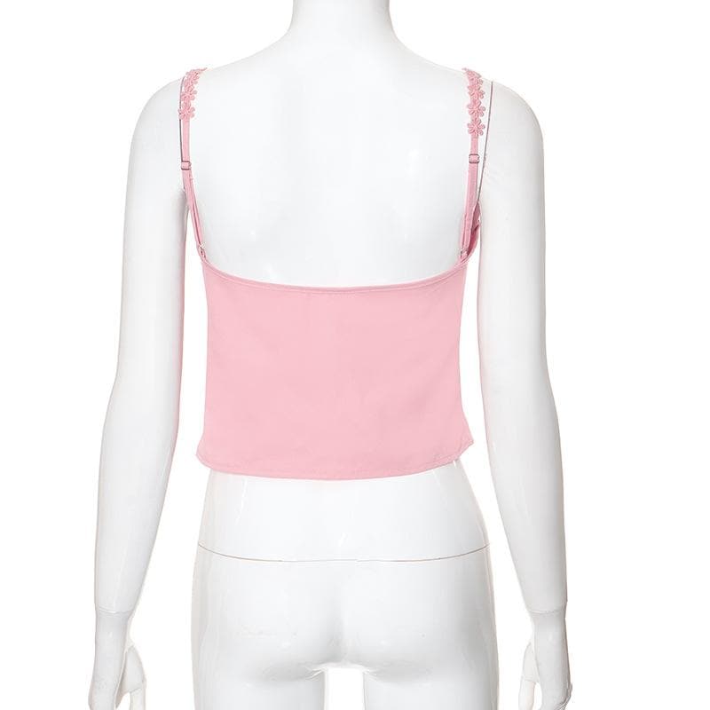 Sweetheart neck flower embroidery zip-up cami top