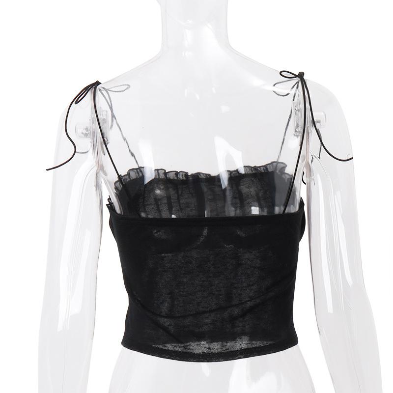 Mesh ruched ruffle knotted cami top