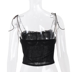 Mesh ruched ruffle knotted cami top