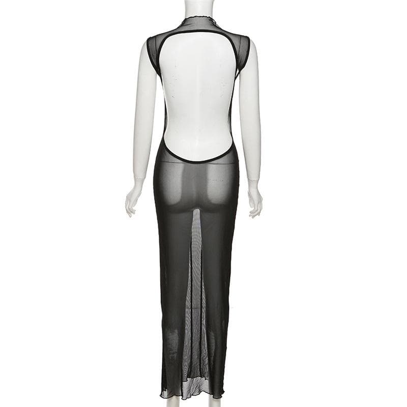Sleeveless solid sheer mesh see through backless midi dress  | samba dress