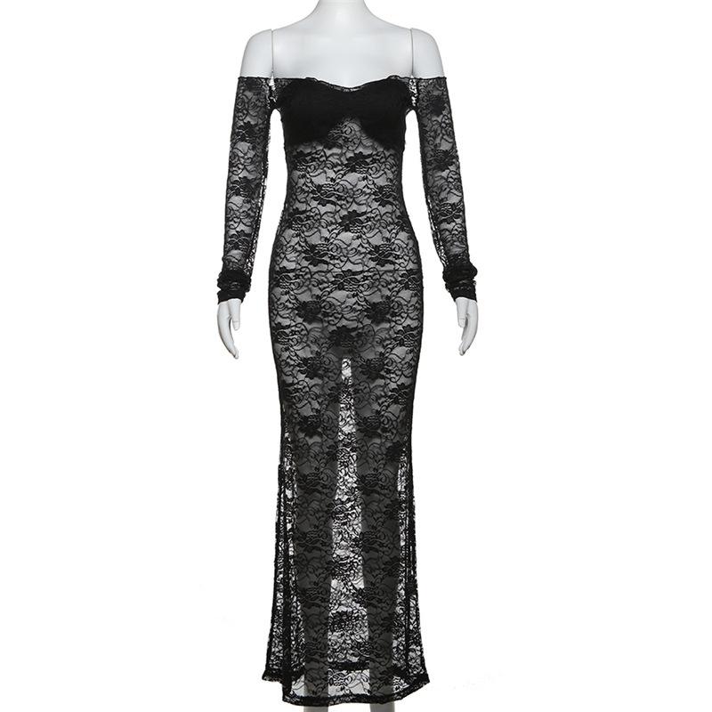Long sleeve lace off shoulder see through solid maxi dress