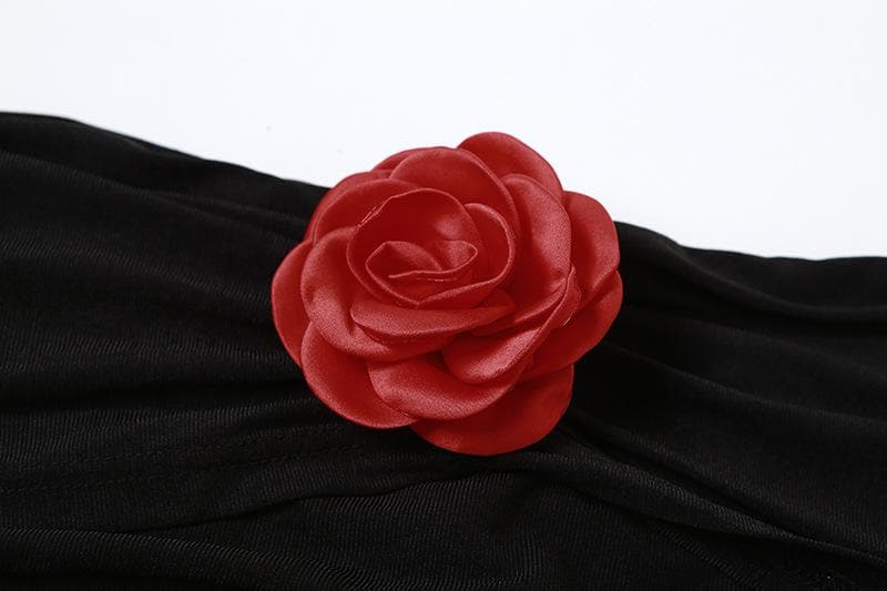 See through flower applique off shoulder ruched long sleeve top