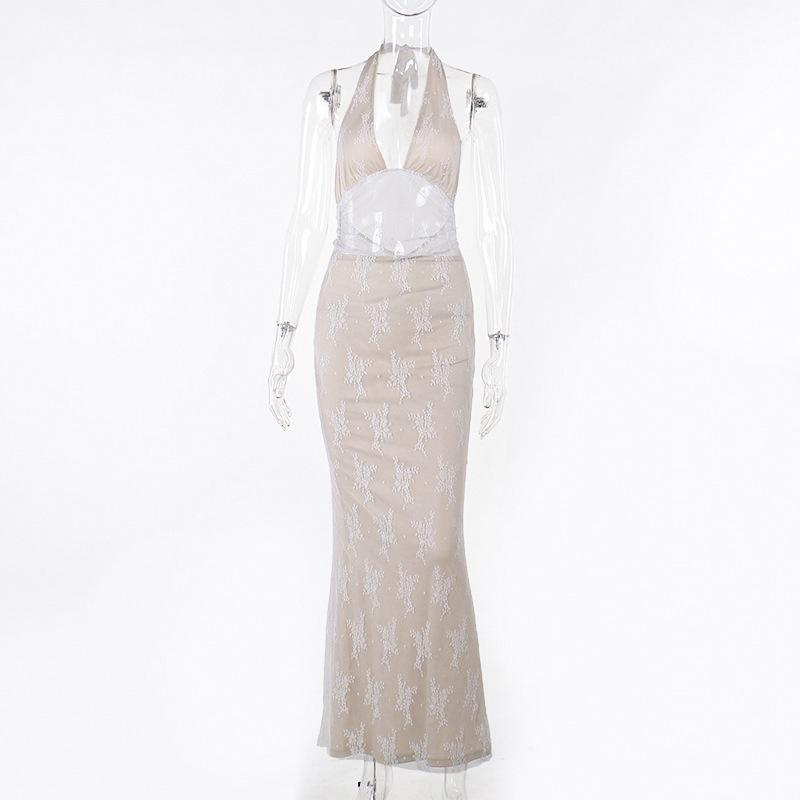 Halter v neck lace backless maxi dress