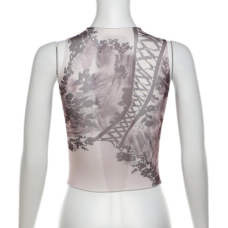 Sleeveless high neck print sheer mesh top