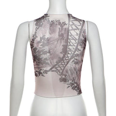 Sleeveless high neck print sheer mesh top