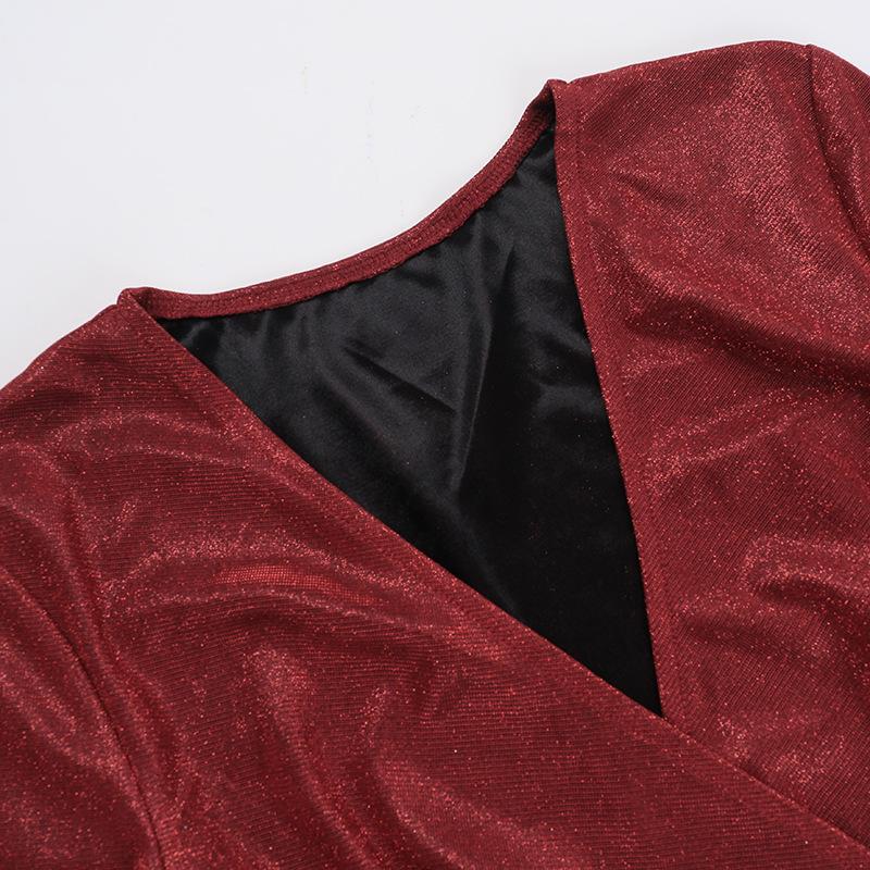 V neck long sleeve ruched slit glitter mini dress  | red tango dress