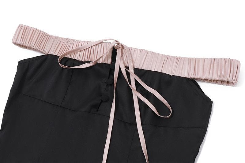 Off shoulder self tie flower applique zip-up button mini skirt set