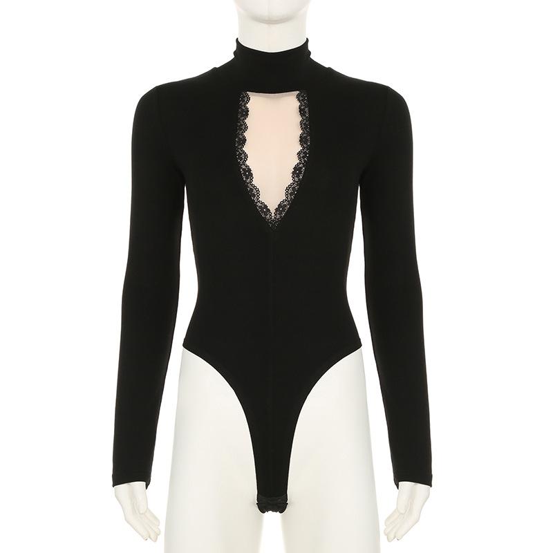High neck long sleeve mesh patchwork bodysuit