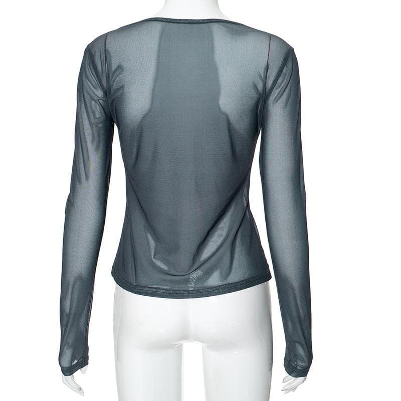 Long sleeve sheer mesh crewneck print top