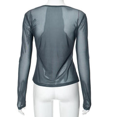 Long sleeve sheer mesh crewneck print top