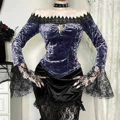 Off shoulder long flared sleeve velvet top