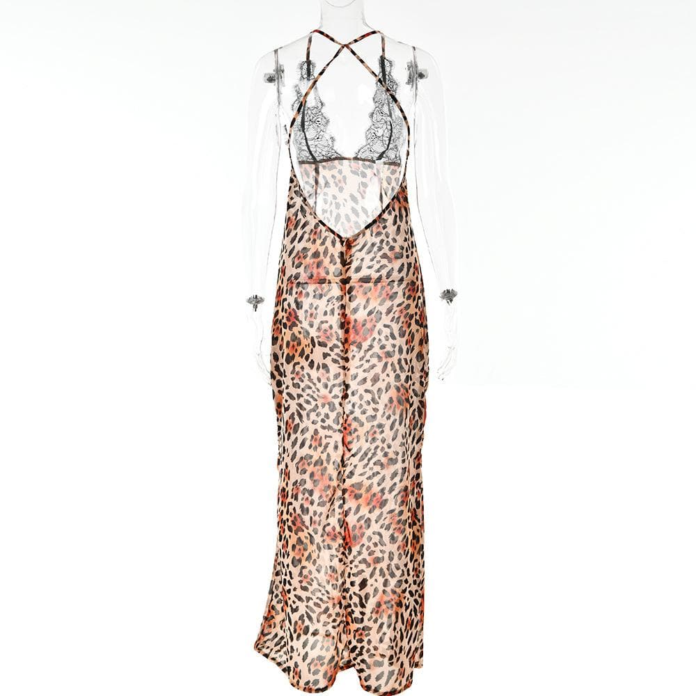 Cross back contrast leopard print v neck lace patchwork maxi dress  | red tango dress