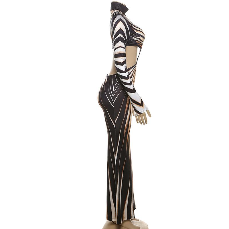 High neck long sleeve hollow out print contrast maxi dress