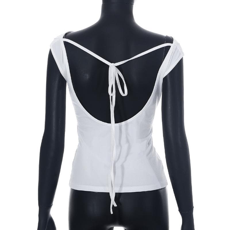 Cowl neck solid cap sleeve backless self tie ruched crop top