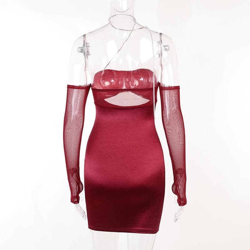 Mesh gloves solid halter ruched hollow out off shoulder mini dress  | red tango dress