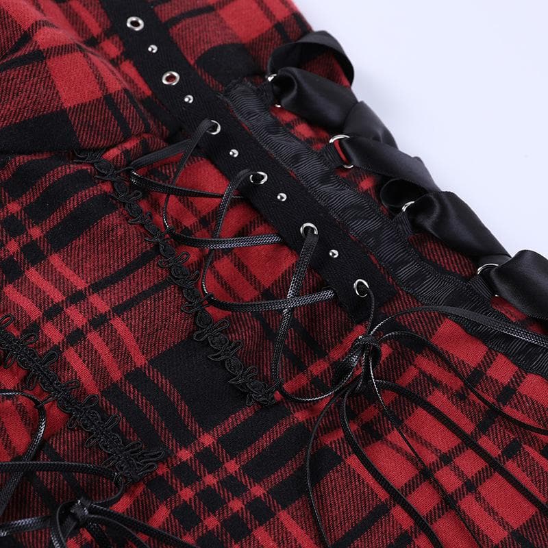 Backless ruched lace hem plaid lace up zip-up mini dress  | red tango dress