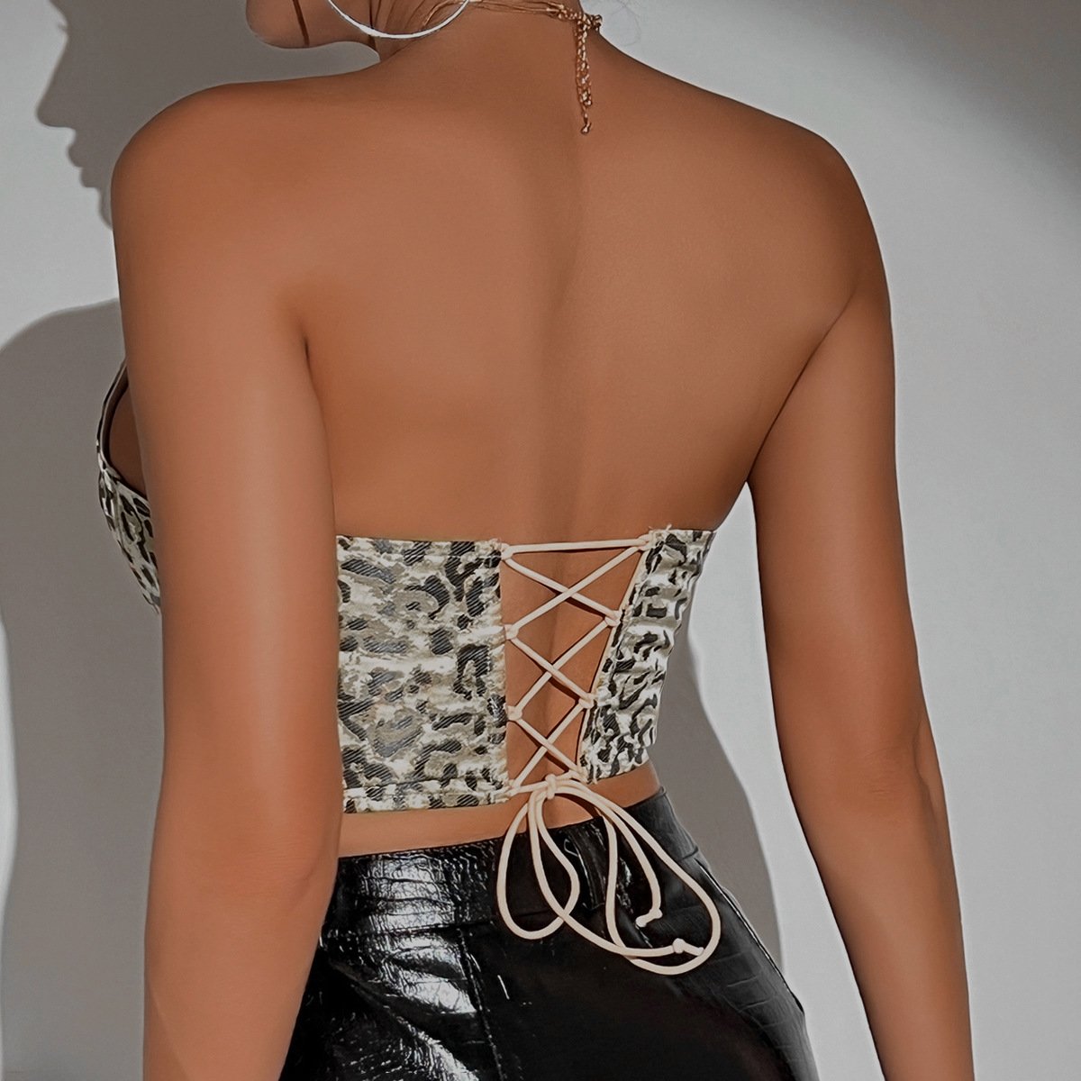 Leopard print bustier lace up tube top