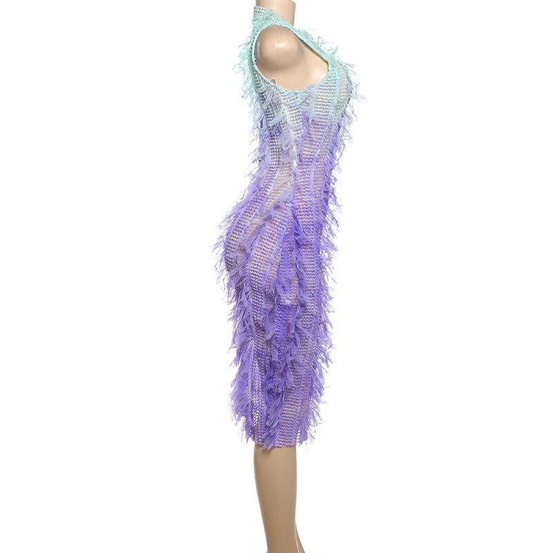 Gradient tassels hollow out see through crewneck midi dress