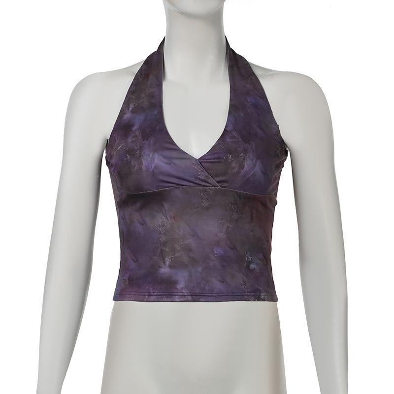 Halter v neck tie dye backless top
