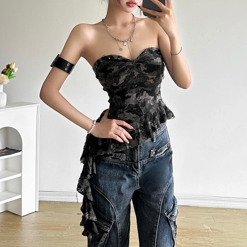 Irregular ruffled sweetheart neck camouflage backless tube top