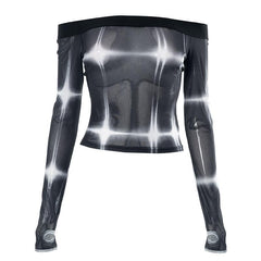 Tie dye contrast off shoulder long sleeve gloves sheer mesh see through top