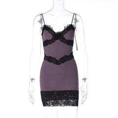 Lace hem patchwork v neck zip-up cami mini dress