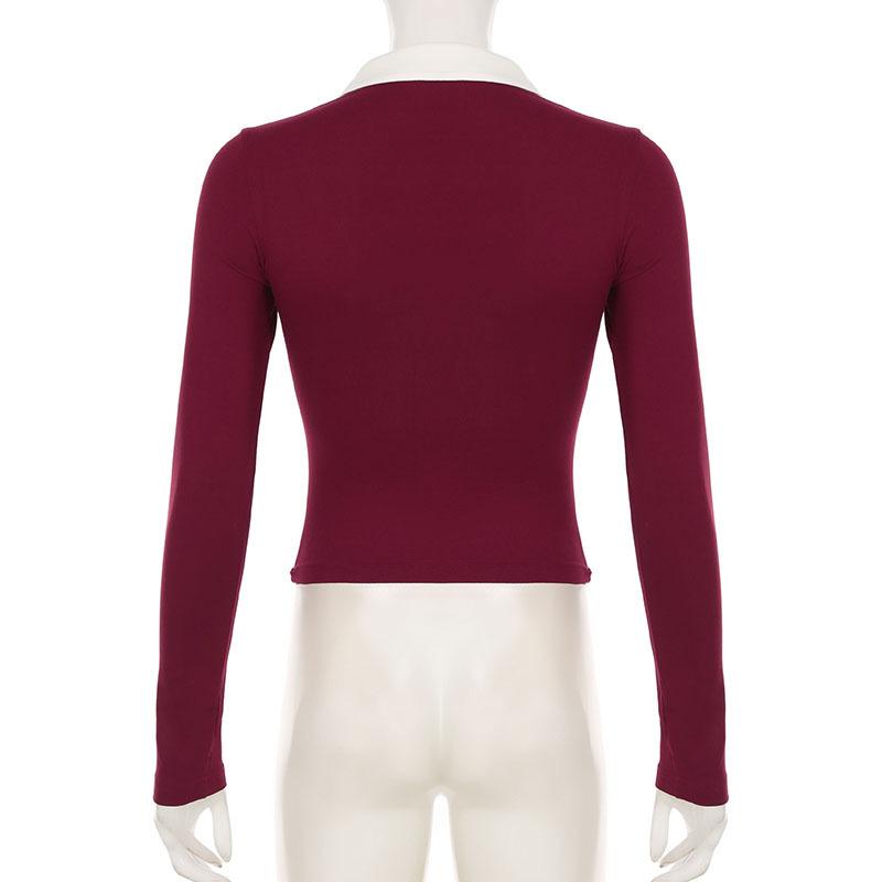 Turnover collar long sleeve striped letter print top