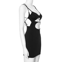 Hollow out cross back backless cami cut out mini dress  | black rave dress