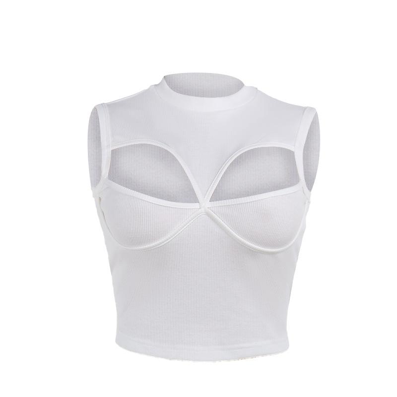 Sleeveless crewneck hollow out solid tank top