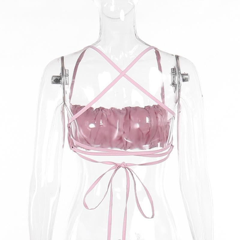Ruched backless lace up cross back solid cami top