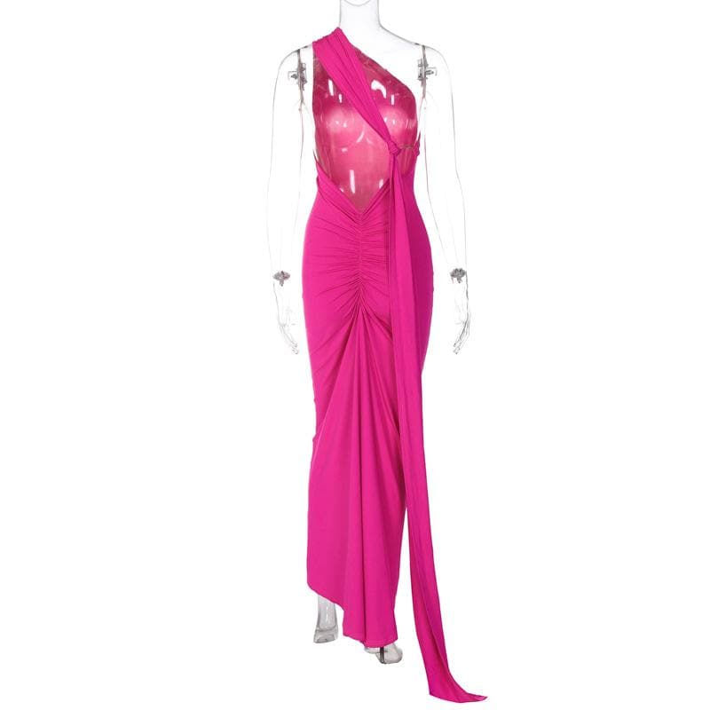 Ruched contrast backless one shoulder ribbon 2-way maxi dress  | red tango dress