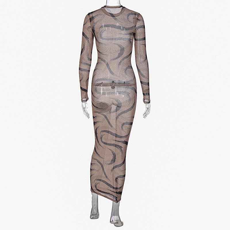Sheer mesh see through long sleeve contrast print maxi dress  | samba dress