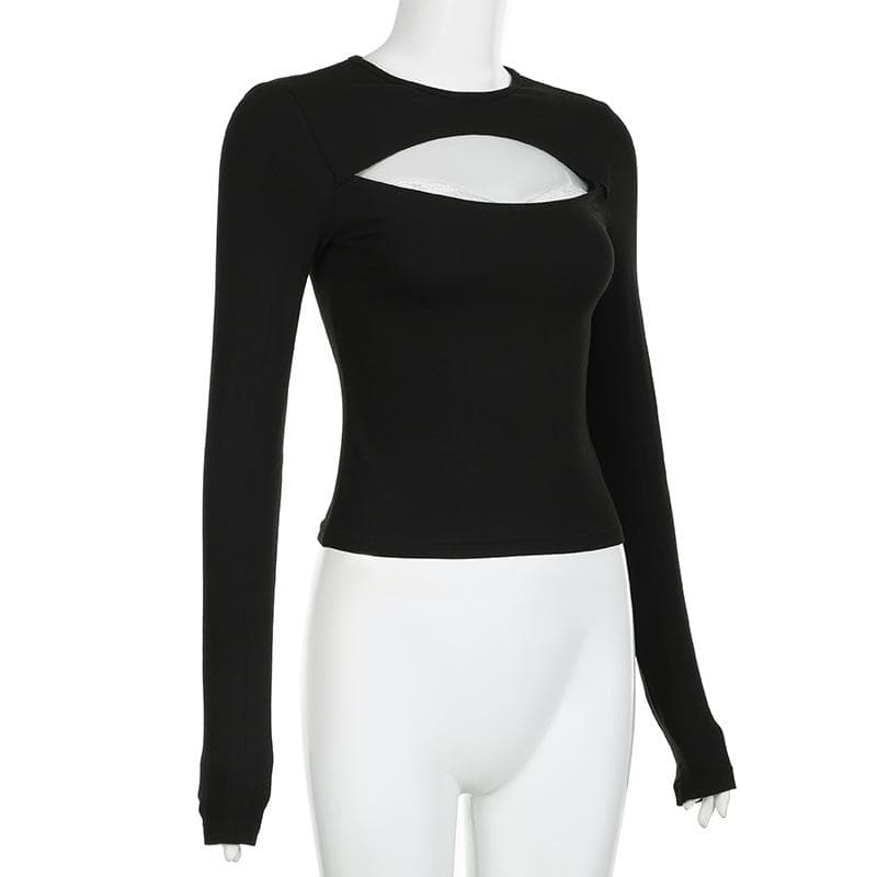 Lace hem hollow out contrast crewneck long sleeve cut out top