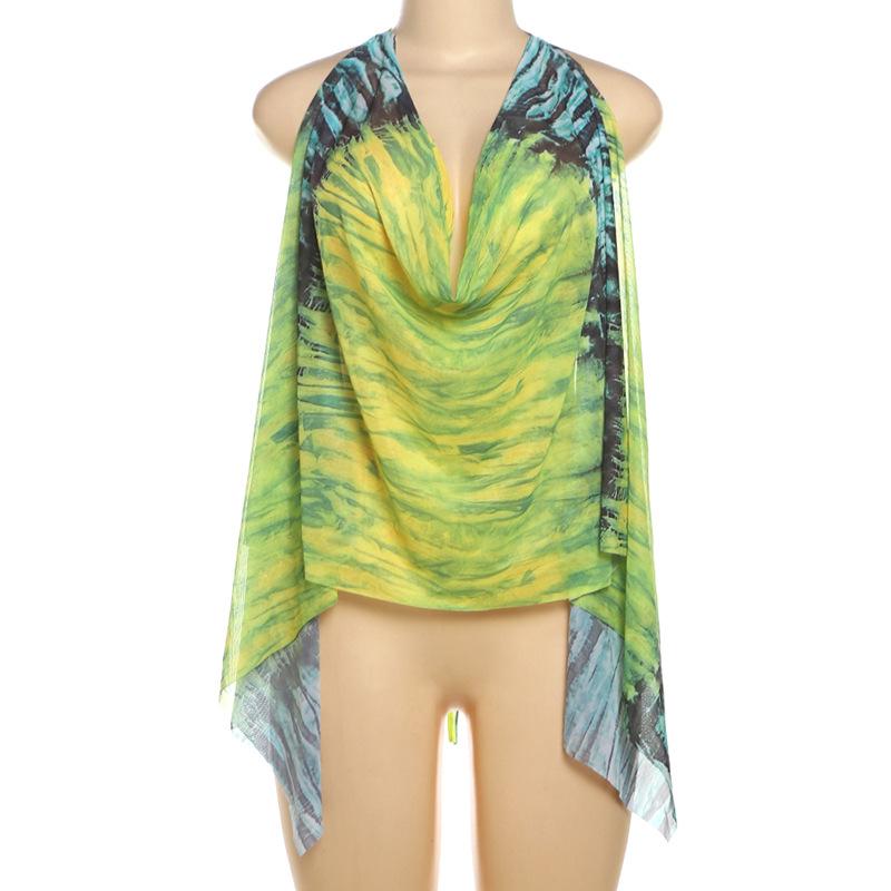 Cowl neck halter self tie print sheer mesh backless top
