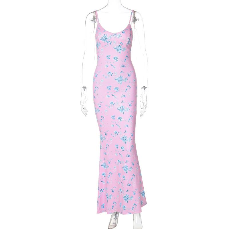 Flower print v neck backless cami maxi dress
