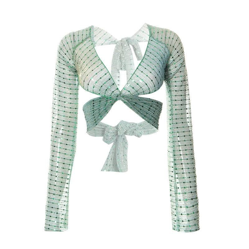 Sheer mesh see through knotted self tie long sleeve glitter crop top