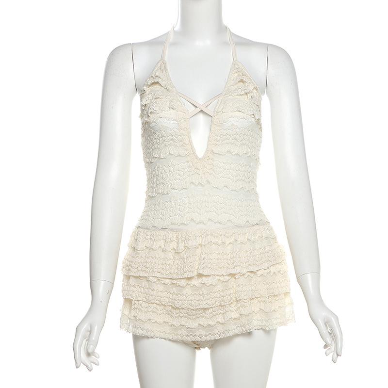 Halter self tie see through v neck hollow out mini dress