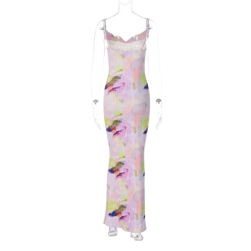 Backless cowl neck v neck contrast print cami maxi dress  | red tango dress