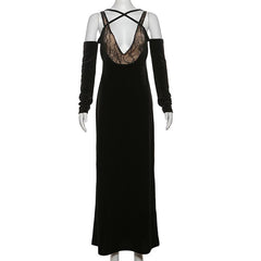 Off shoulder v neck velvet lace hem cami maxi dress