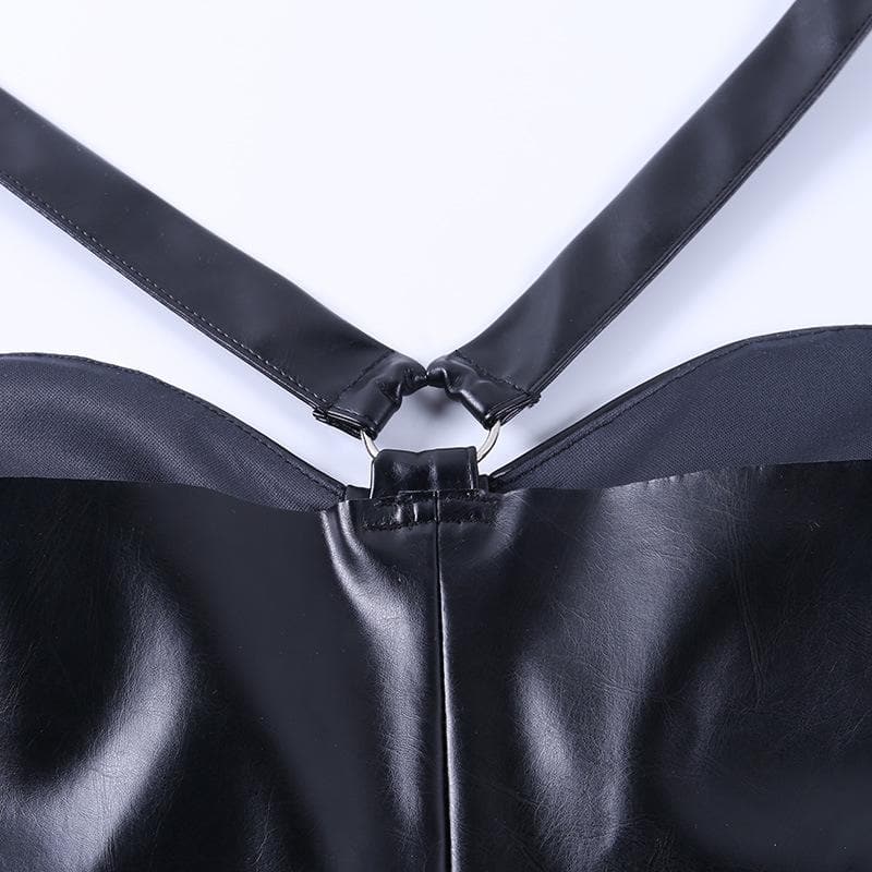 Gloves sweetheart neck o ring PU leather solid mini dress