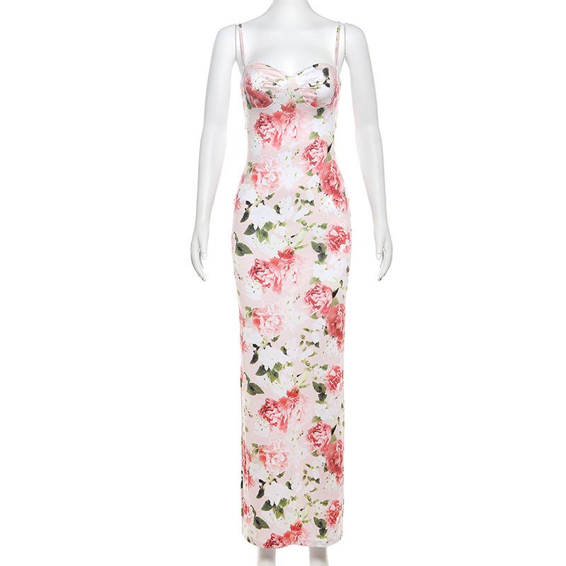 Print lace hem sweetheart neck slit cami maxi dress