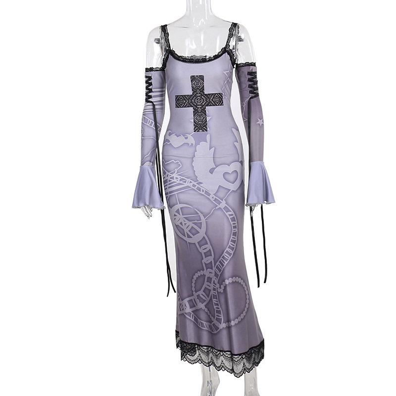 Long flared sleeve off shoulder cross print lace cami maxi dress