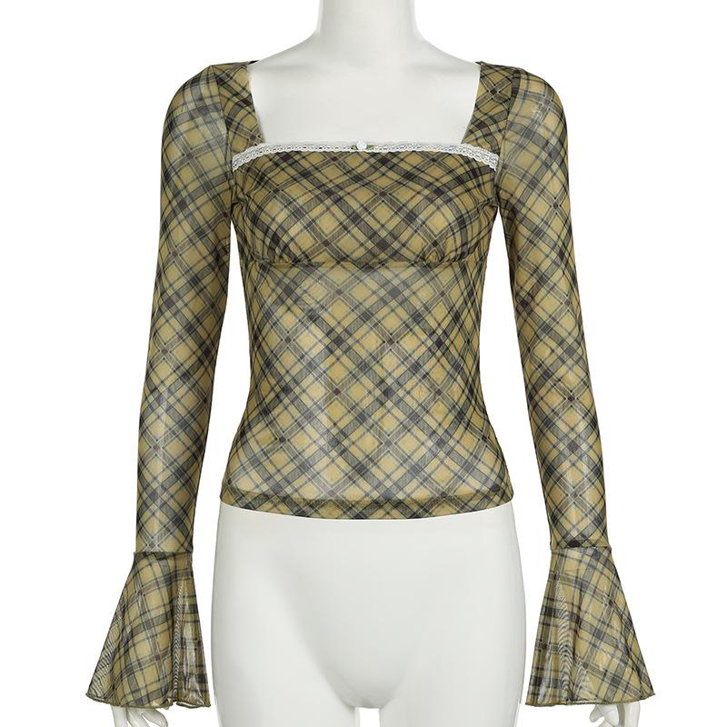 Long flared sleeve plaid print lace hem top