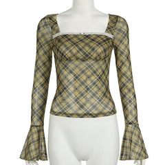 Long flared sleeve plaid print lace hem top