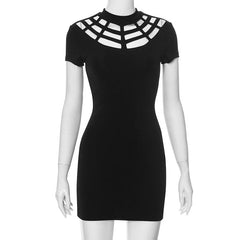 Spider web pattern short sleeve hollow out mini dress