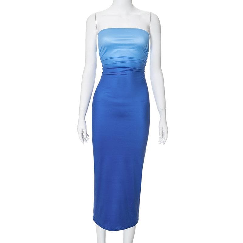 Ruched gradient backless tube maxi dress